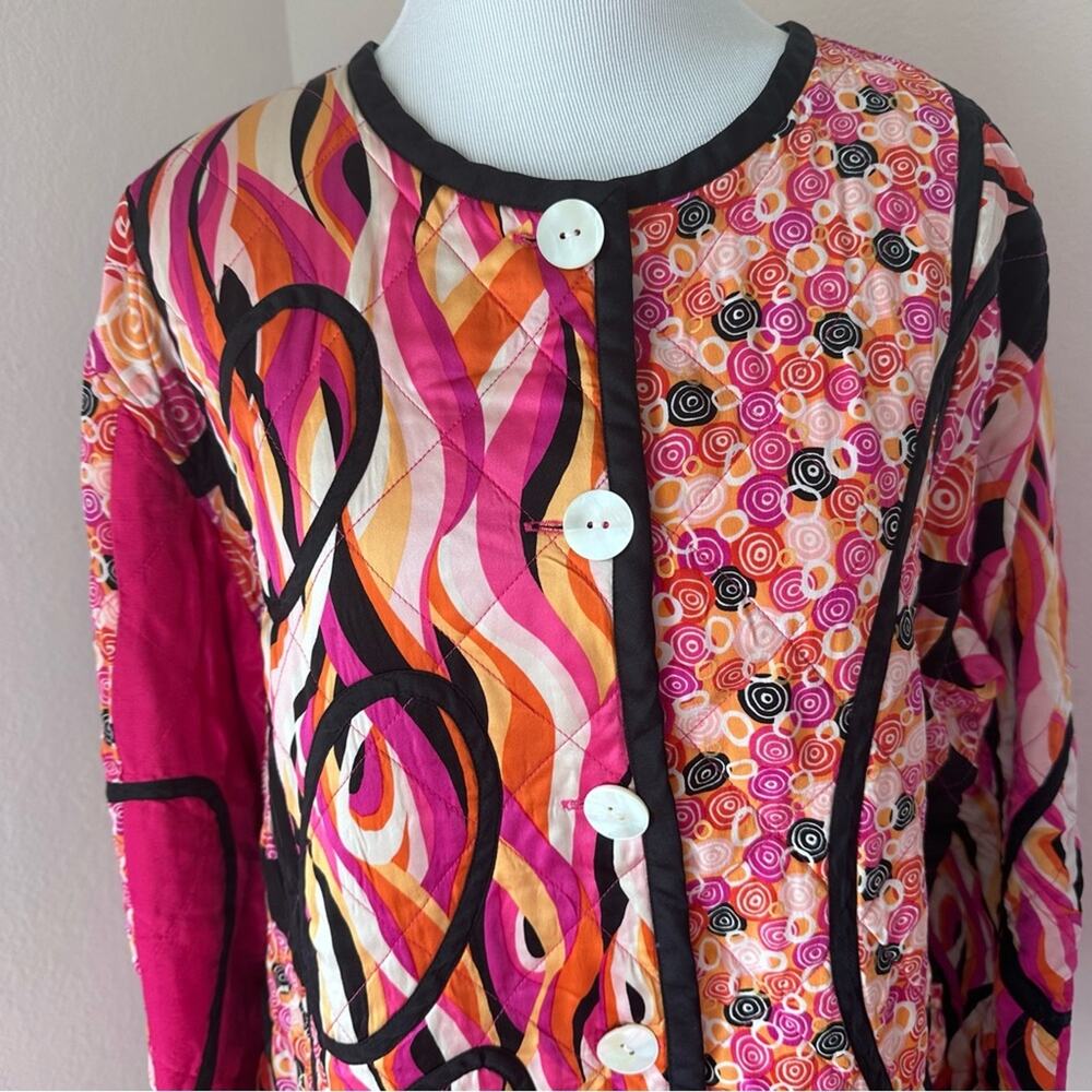 Vintage Colorful Abstract Quilted Jacket Button Front Artsy Boho 100% Silk - Picture 10 of 10